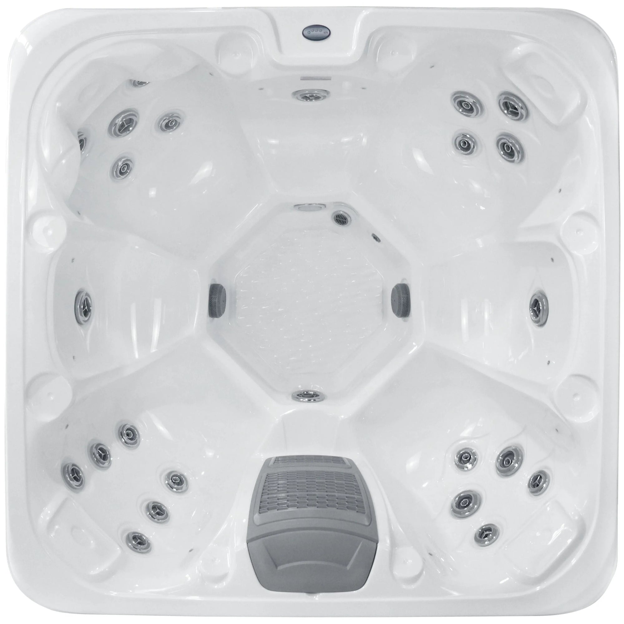 A top-down view of a square white Hot Tub Liverpool Vacation Social Holiday Let Hot Tub with multiple water jets and seating areas. Each corner features ergonomic seating with built-in jets. There is a control panel visible on one side. The interior surface is smooth and glossy, making it perfect for vacation social gatherings in holiday parks.