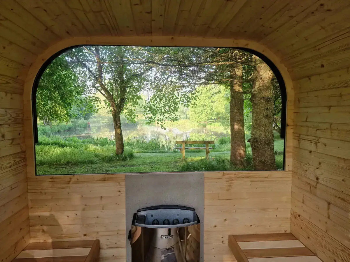 View from inside Woodpecker 2024 Cube Sauna