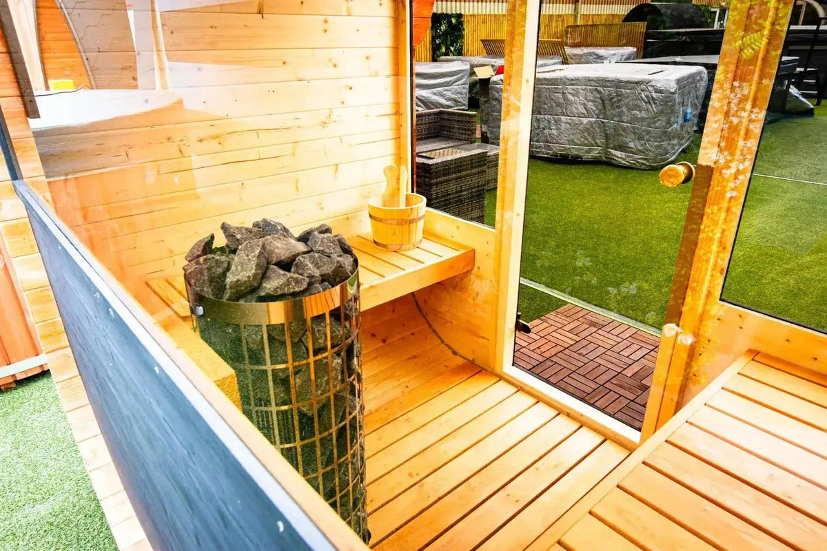 Interior detail of Woodpecker 2024 Cube Sauna