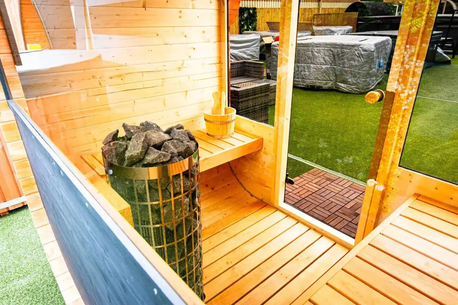 Interior detail of Woodpecker 2024 Cube Sauna