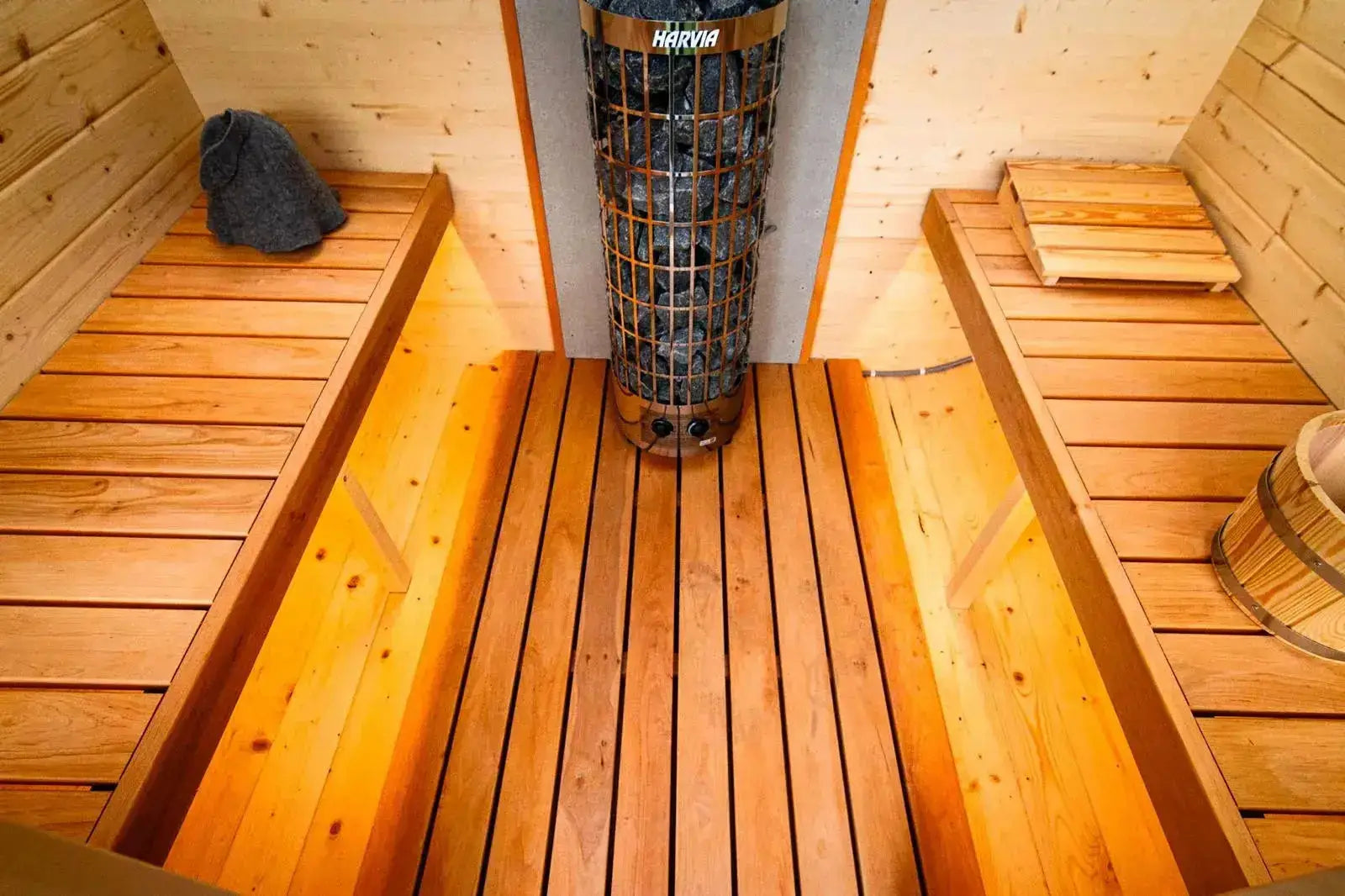 Interior of Woodpecker 2024 Cube Sauna with Harvia heater