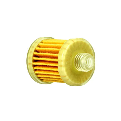 An image of the Airrex Diesel Heater Fuel Filter with a transparent casing and yellow pleated filter material inside. The filter has threaded connectors on both ends for attachment to a fuel line, making it suitable for Airrex heaters.