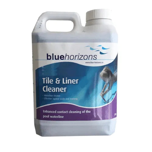 A 2-liter container of Blue Horizons Tile & Liner Cleaner - 2 Litre with a white and blue label. The label includes text and an image of a person cleaning a pool. This effective pool surface cleaner fights scale and staining, enhancing contact cleaning of the pool waterline.