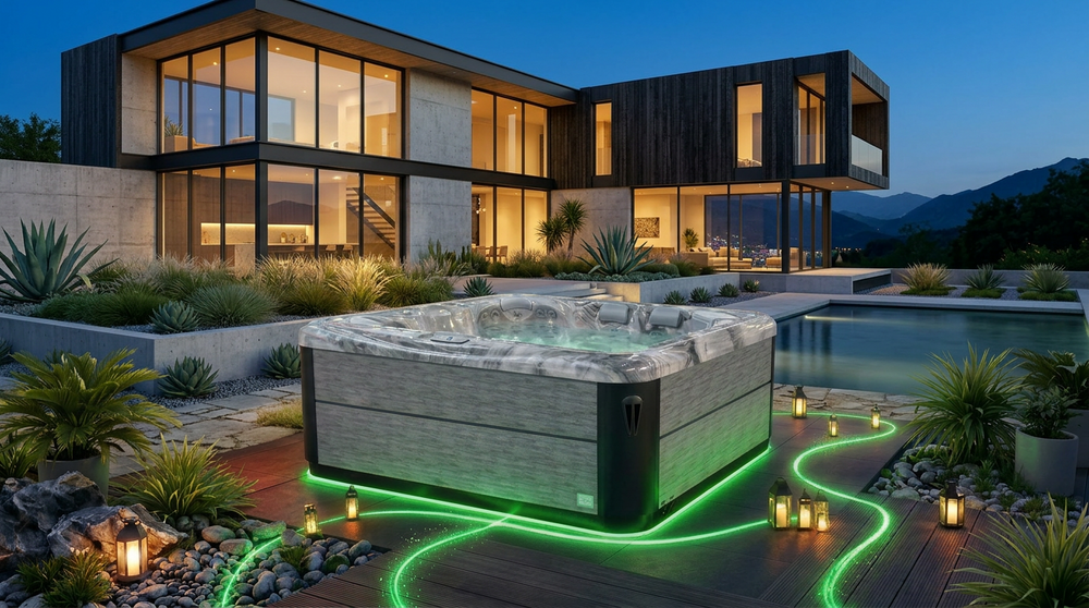 Advanced collection hot tub in a garden with vivid green lighting