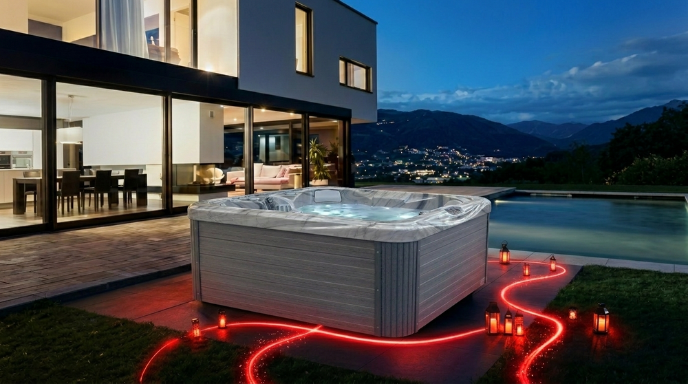 Lite collection hot tub in a garden with vivid red lighting