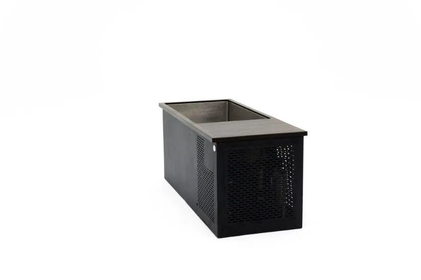 A rectangular black storage box with a perforated black metal side and a wooden top, perfect for holding your Chill Tubs - Professional affordable Ice Baths ideal for gym fanatics essentials, set against a plain white background.