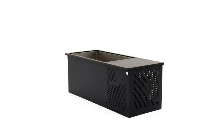 A black rectangular planter with a perforated metal lattice design and an open top. The planter features clean lines and a modern industrial style, suitable for both indoor and outdoor use. Perfect for complementing Chill Tubs - Professional affordable Ice Baths ideal for gym fanatics from Chill Tubs, the white background emphasizes the planter.