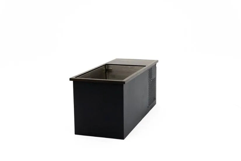 A black rectangular Chill Tubs - Professional affordable Ice Baths ideal for gym fanatics stand with a stainless steel top and an inset compartment, designed for storing ice or cooling beverages. The bin features a ventilated side panel, suggesting possible refrigeration components inside. Ideal for cold water therapy, this versatile unit blends seamlessly into any setting. The background is plain white.