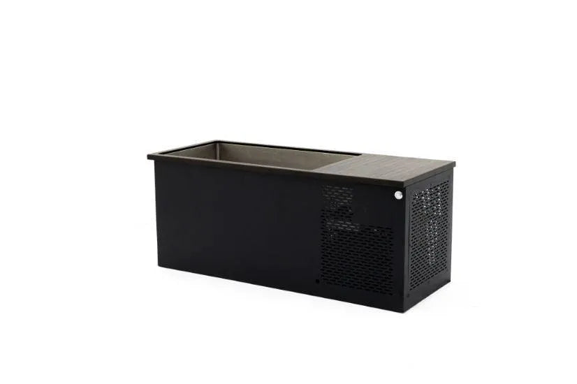 A medium-sized black rectangular ice maker machine with a metal exterior, perfect for filling your Chill Tubs - Professional affordable Ice Baths ideal for gym fanatics from Chill Tubs. It features a cooling vent on the side panel and a compartment on top for storing ice. The sleek and modern design of the machine is displayed against a plain white background.
