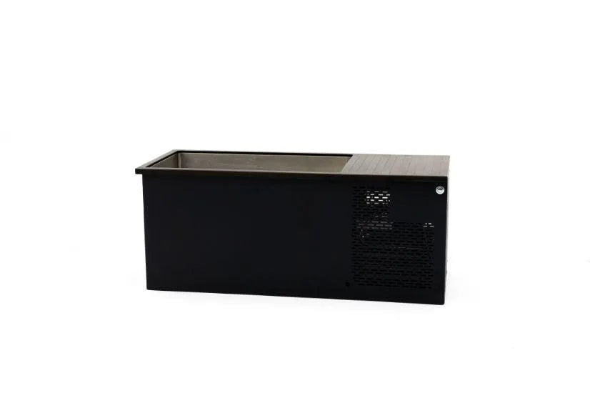 A black rectangular commercial ice tub with a ventilated section on the right side for air circulation and a stainless steel interior visible on the left side. Ideal for cold water therapy, Chill Tubs - Professional affordable Ice Baths ideal for gym fanatics by Chill Tubs is set against a plain white background.