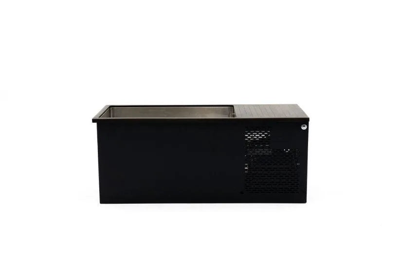 A rectangular black ice maker with a vented side and open top compartment, perfect for filling Chill Tubs - Professional affordable Ice Baths ideal for gym fanatics by Chill Tubs, sits against a white background.