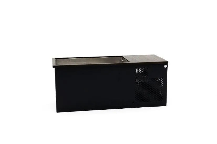 A black commercial ice machine with a metal top and vented section on the right side. With its rectangular shape, this unit is designed for professional or commercial use—ideal for filling Chill Tubs - Professional affordable Ice Baths ideal for gym fanatics by Chill Tubs for cold water therapy sessions.