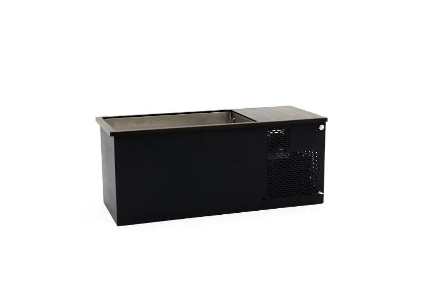 A rectangular black appliance featuring a metal grating on one end and a small, recessed compartment on top, resembling a Chill Tubs - Professional affordable Ice Baths ideal for gym fanatics by Chill Tubs, placed against a plain white background.