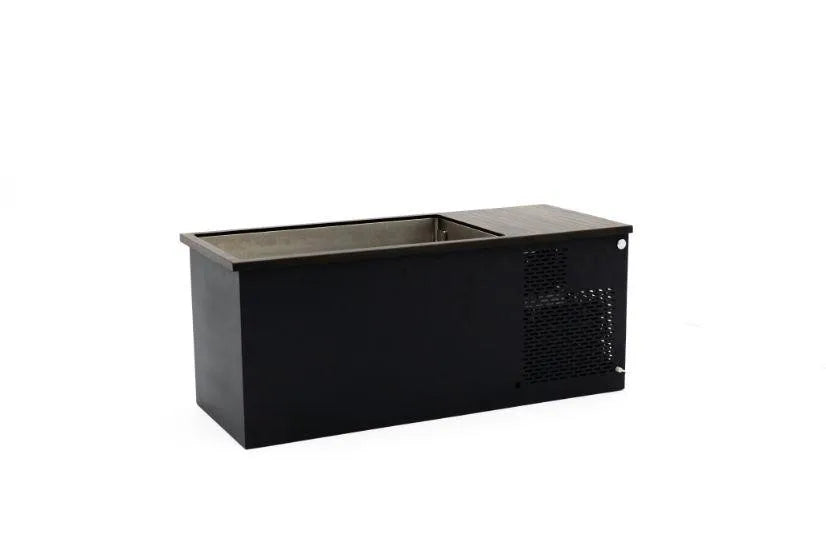 A rectangular black metal and wooden ice chest cooler, designed with an open top and a vented side, perfect for minimalist and modern spaces. Ideal for storing ice, drinks or even cold water therapy. This versatile Chill Tubs - Professional affordable Ice Baths ideal for gym fanatics is beautifully showcased on a plain white background.
