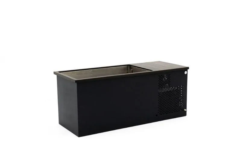 A minimalist, rectangular black ice tub with a grated section on one side. The tub has a stainless steel interior and solid construction, suitable for use in bars or restaurants. The overall design is sleek and functional against a white background. Introducing Chill Tubs - Professional affordable Ice Baths ideal for gym fanatics by Chill Tubs.