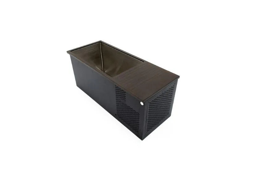A black metal rectangular planter box with a lattice-patterned side panel and a wooden top. The planter has a modern and sleek design, suitable for indoor or outdoor use. Perfect for those looking to enhance their space with stylish decor using Chill Tubs - Professional affordable Ice Baths ideal for gym fanatics by Chill Tubs.
