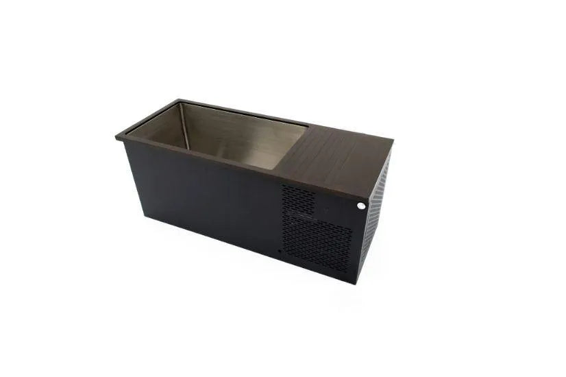 A black rectangular Chill Tubs - Professional affordable Ice Baths ideal for gym fanatics with a metal interior and vented panel on one side. The top is open, revealing the inner compartment for storing items, perfect for cold water therapy by Chill Tubs.
