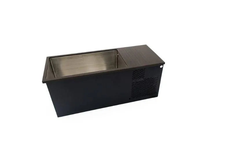 A black rectangular ice bin with a stainless steel interior, perfect for cold water therapy. The bin features a perforated section on the right side, presumably for ventilation or cooling functions, making it an ideal addition to any Chill Tubs - Professional affordable Ice Baths ideal for gym fanatics setup. The bin is placed against a white background.