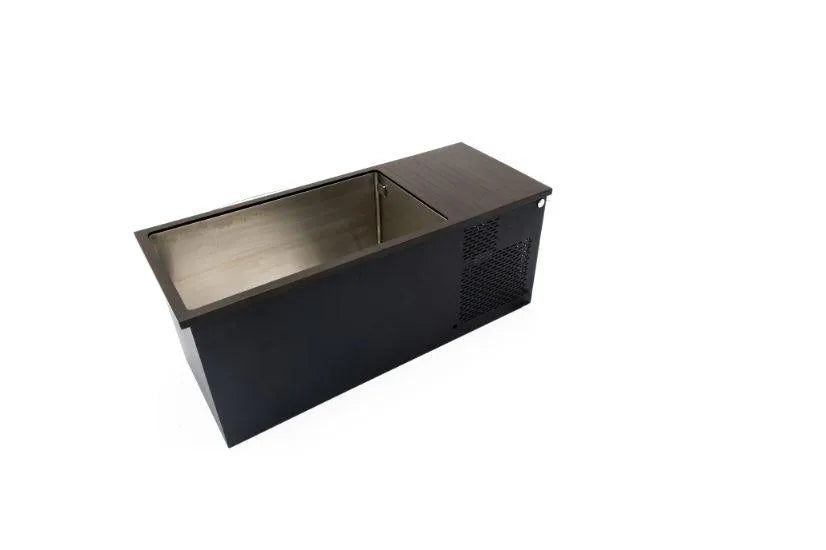 A black, rectangular commercial ice bin cooler with a stainless steel interior is shown on a white background. The Chill Tubs - Professional affordable Ice Baths ideal for gym fanatics by Chill Tubs features a vented section on one side and a sliding lid, making it perfect for cold water therapy sessions or keeping beverages chilled.