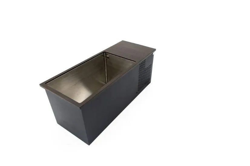 A rectangular black metal ice tub with a partially open lid revealing a stainless steel interior. The unit has vents on one side and is set against a plain white background, perfect for cold water therapy sessions. Introducing the Chill Tubs - Professional affordable Ice Baths ideal for gym fanatics by Chill Tubs.