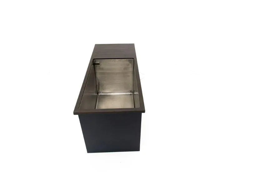 The image shows a modern rectangular metal planter box with a dark exterior and a shiny metallic interior, resembling the sleek design of Chill Tubs - Professional affordable Ice Baths ideal for gym fanatics. It is positioned on a white background.