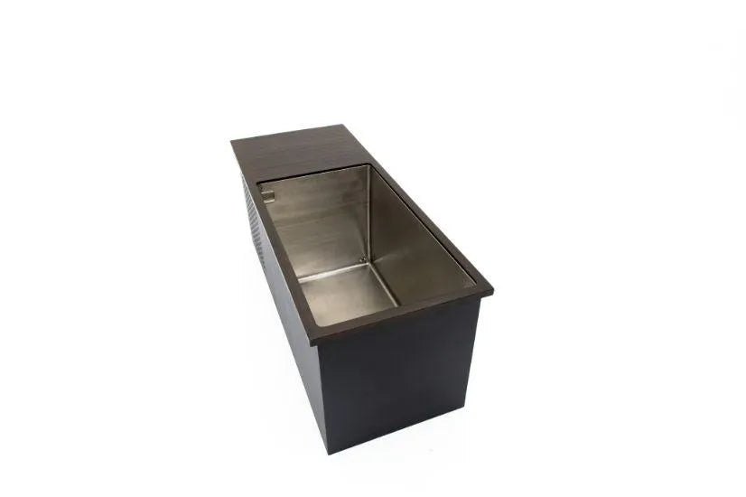 A Chill Tubs - Professional affordable Ice Baths ideal for gym fanatics with a black exterior is depicted. The rectangular ice tub is open, revealing its spacious interior designed to hold ice and keep items cool. It sits on a white background, perfect for cold water therapy sessions.
