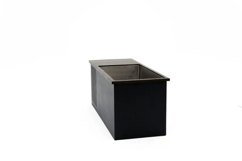 A rectangular, black metal container with an open top and perforated side panel, perfect for cold water therapy. Chill Tubs - Professional affordable Ice Baths ideal for gym fanatics is placed on a plain white background, ready for use.