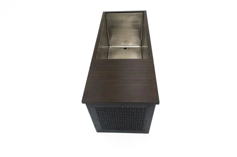A top-down view of a tall, rectangular metal planter box with a perforated design on its side. The interior of the box is stainless steel, while the exterior boasts a dark finish, evoking the modern and sleek aesthetic reminiscent of Chill Tubs - Professional affordable Ice Baths ideal for gym fanatics by Chill Tubs used for cold water therapy.