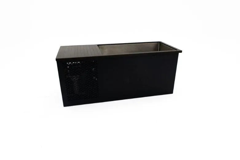 A sleek, rectangular black metal Chill Tubs - Professional affordable Ice Baths ideal for gym fanatics with an open top and a vented section on the left side, set against a plain white background.