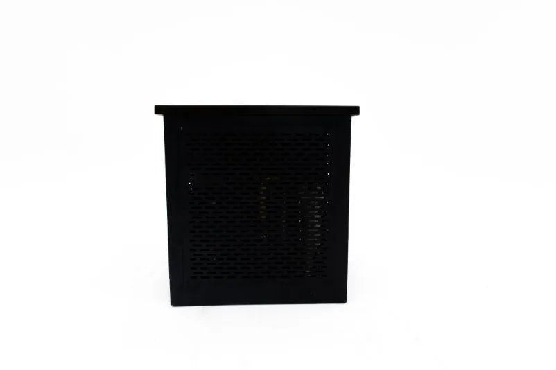 A small, black rectangular electronic device with a perforated front panel, standing against a plain white background looks like it could be part of your Chill Tubs - Professional affordable Ice Baths ideal for gym fanatics setup. The device appears to have vents for air circulation.