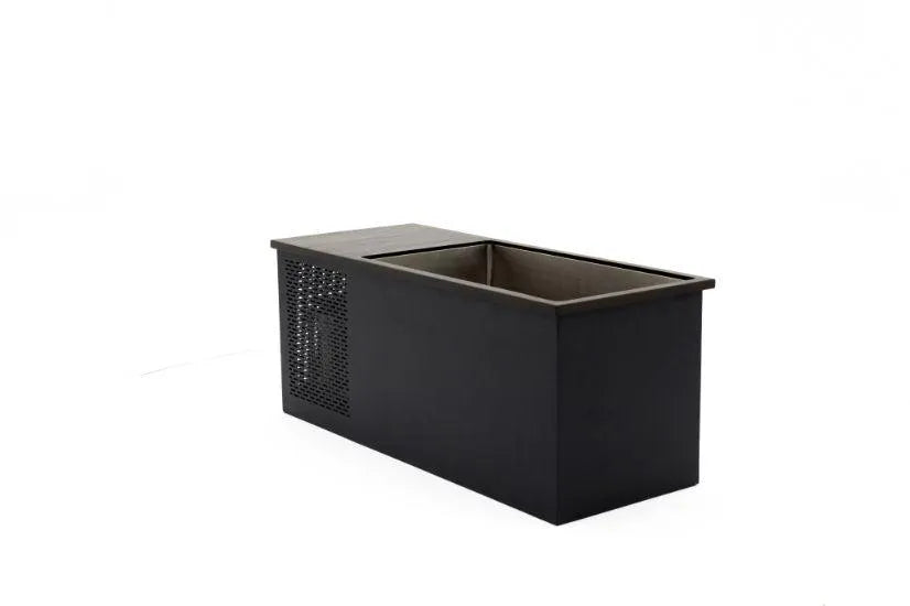 A rectangular black metal planter box with an open top and perforated side panel, shown against a plain white background. The design is modern and sleek, reminiscent of Chill Tubs - Professional affordable Ice Baths ideal for gym fanatics by Chill Tubs, suitable for both indoor and outdoor use.