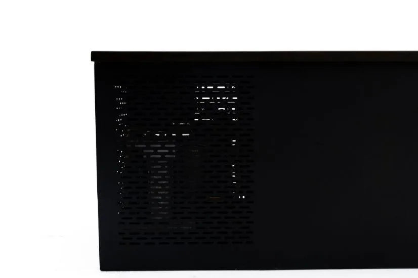 A black metal cabinet with a perforated panel on the left side, possibly for ventilation. The cabinet stands against a plain white background, and its smooth surface and minimalist design suggest it may be perfect for storing Chill Tubs - Professional affordable Ice Baths ideal for gym fanatics used in cold water therapy.