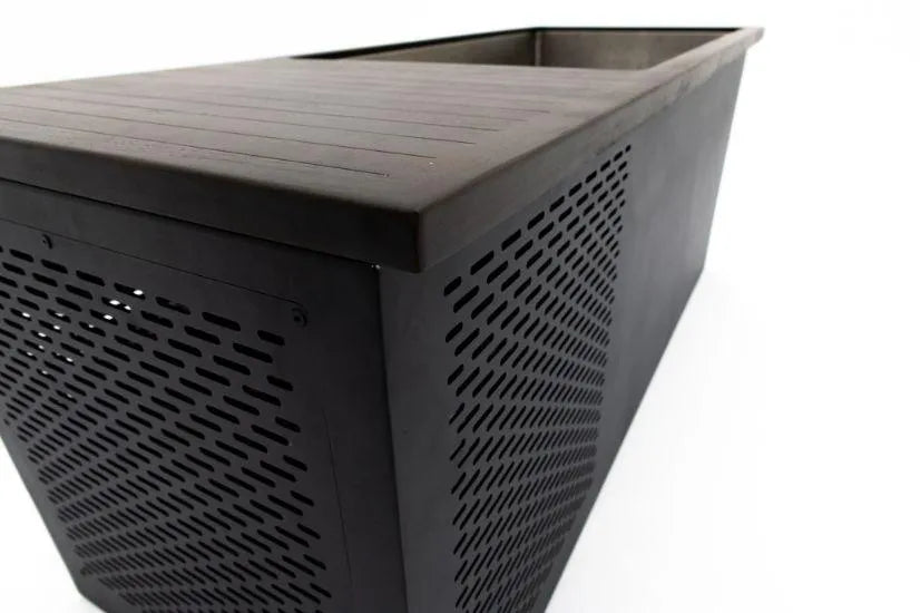 A black rectangular outdoor planter with a slatted wooden top and perforated metal sides, set against a white background. The planting area is empty, ideal for repurposing as an innovative Chill Tubs - Professional affordable Ice Baths ideal for gym fanatics setup for cold water therapy by Chill Tubs.