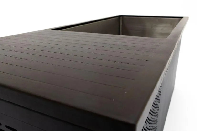 A rectangular, dark wooden planter box with a smooth surface and subtle horizontal lines, reminiscent of the sleek designs found in Chill Tubs - Professional affordable Ice Baths ideal for gym fanatics by Chill Tubs. The inside is visible and empty, perfect for creative uses beyond just plants. The background is plain white.