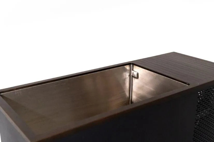 A sleek, modern black metal container with a polished stainless steel interior and a vented side panel, perfect for cold water therapy. This Chill Tubs - Professional affordable Ice Baths ideal for gym fanatics by Chill Tubs has an open top, revealing a smooth, reflective surface inside. The background is clean and white.