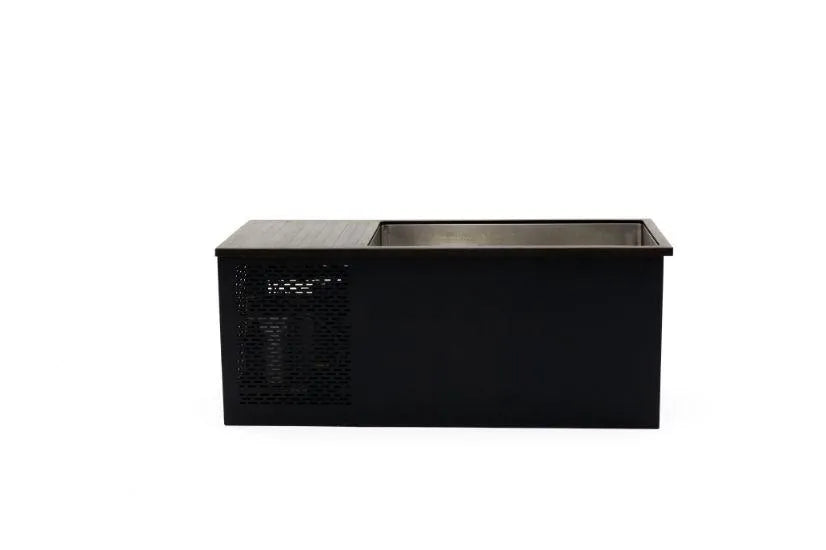 A Chill Tubs - Professional affordable Ice Baths ideal for gym fanatics with a black rectangular design, featuring a built-in storage or refrigeration compartment on the left and a deep stainless steel sink basin on the right, perfect for implementing cold water therapy. The unit is set against a plain white background.