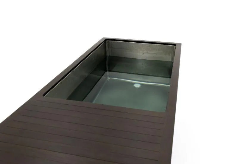A rectangular, above-ground plunge pool with dark wood paneling and clear water. Ideal for cold water therapy, the pool is set against a plain white background, perfect for those seeking the benefits of a Chill Tubs - Professional affordable Ice Baths ideal for gym fanatics session from Chill Tubs.