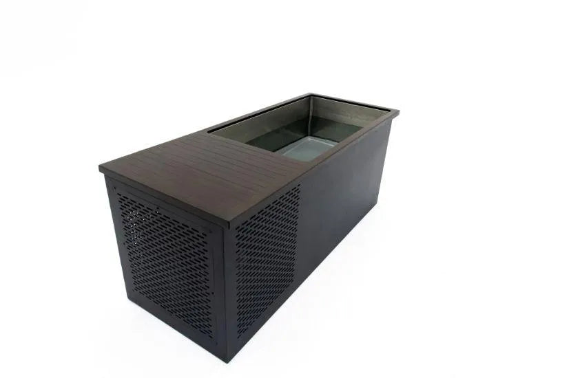 A rectangular, dark brown, wooden table with a built-in, glass-covered storage compartment. The table features a slatted top section and perforated sides, providing a modern, minimalist aesthetic reminiscent of Chill Tubs - Professional affordable Ice Baths ideal for gym fanatics by Chill Tubs. The background is plain white.