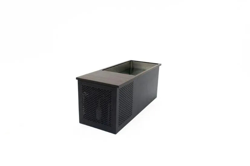 A black rectangular Chill Tubs - Professional affordable Ice Baths ideal for gym fanatics with a lattice-patterned front panel. The top surface is flat and the interior appears hollow, designed to hold soil and plants. Versatile in use, this sleek design can also serve as an ice tub for chill tubs during your cold water therapy sessions. The background is solid white.