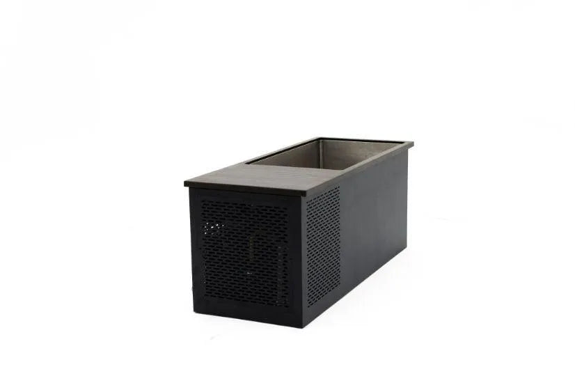 A rectangular black metal enclosure with a perforated side panel and an open top, resembling the design of Chill Tubs - Professional affordable Ice Baths ideal for gym fanatics by Chill Tubs. The front panel appears to be vented for airflow, suitable for housing electronic components such as a computer or server. The background is plain white.
