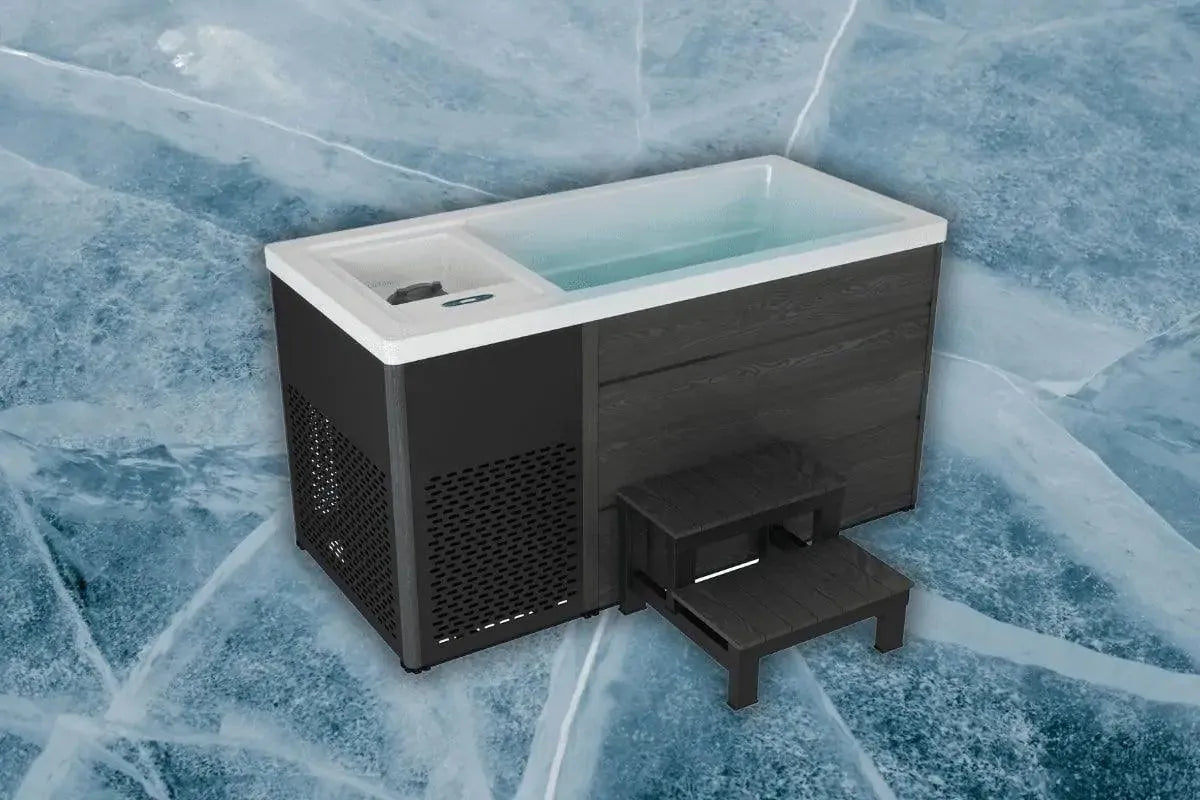 A modern black and white Chillax Ice Bath & Chill Tub Professional affordable wellness Ice Baths & Plunge Pool with steps in front, set against an icy textured background. The unit has an open top filled with water for effective cold water immersion and features a perforated side panel for ventilation, aiding in inflammation reduction.