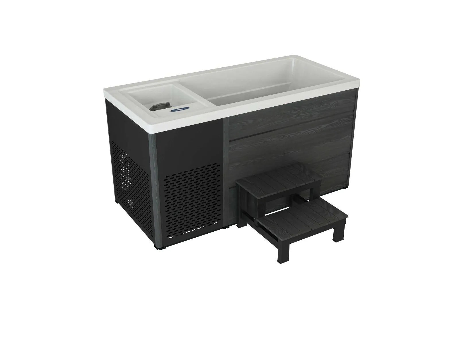 A rectangular black and white Chillax Ice Bath & Chill Tub Professional affordable wellness Ice Baths & Plunge Pool by Chill Tubs designed for easy access, featuring a side door, safety handrails, and a built-in seat. Ideal for cold water immersion and inflammation reduction, it includes a small black step ladder positioned in front for convenient entry.