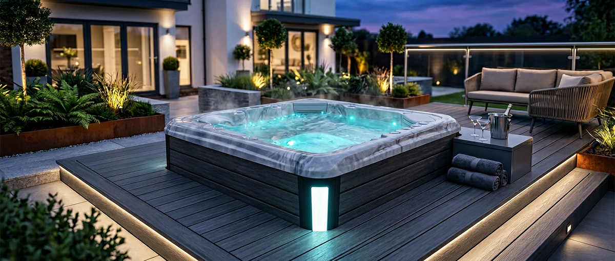 Hot tub on a deck in a landscaped garden at dusk