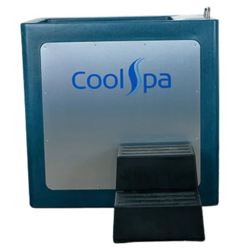 Description: A blue CryoHome Ice Bath Spa 1 machine from Hot Tub Liverpool with a gray front panel, featuring the &quot;Cool Spa&quot; logo and digital temperature control. The unit has black steps attached to the bottom, likely for easier access to the interior. The design is modern and functional.