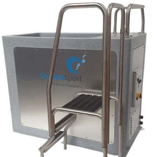 A CET CryoSpas CryoSpa Sport - Cold Water Ice Bath features stainless steel handrails and steps leading into a rectangular tub, perfect for athlete recovery. With a control panel on one side and the words "Cryo Spa Sport" alongside the tagline "Chilling Champions" on the front, it's designed for optimal ice bath therapy.