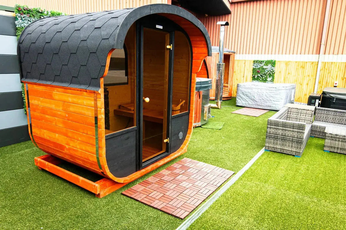 Woodpecker 2024 Cube Sauna on artificial grass