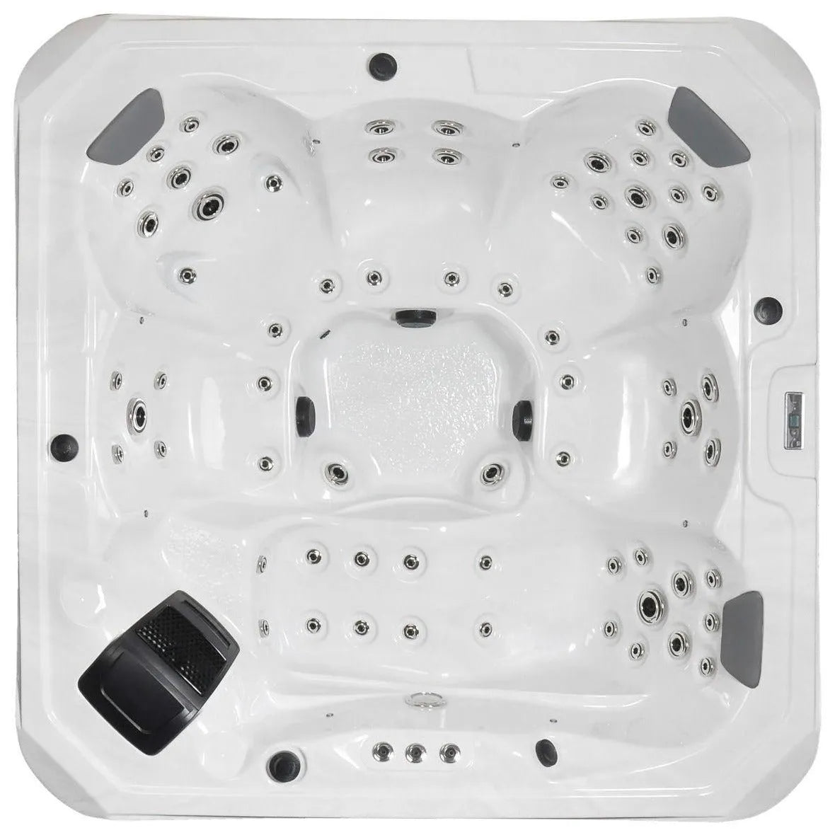 A top-down view of the Hot Tub Liverpool Dakota - 6 Person Hot Tub reveals a rectangular design with multiple built-in seats. The hot tub features stainless steel hydrotherapy jets and padded headrests in some corners, while Gecko Controls are visible on one of the inner sides.