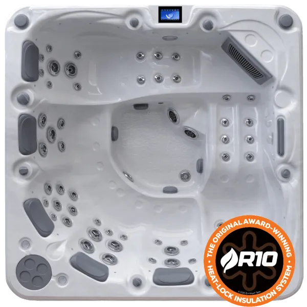 This image shows a top-down view of a square hot tub with multiple seats and numerous jet nozzles. The hot tub features cushioned headrests, LED corner panels, and an Aristech Acrylic Shell. A circular badge in the bottom right corner reads, "The Original Award-Winning R10 Heatlock Insulation System." The product shown is the Hot Tub Liverpool Sunbeach Spas - SB343DL-PREMIUM RANGE (32Amp).