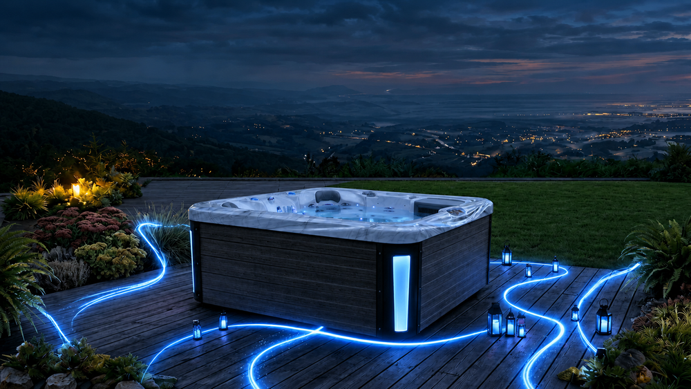 Elite collection hot tub in a garden with vivid blue lighting