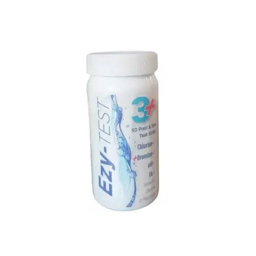 Plastic container with a white lid labeled "Ezy-Test Hot tub Testing Strips" for pool and spa test strips. The label mentions testing for chlorine, bromine, pH, and TA, and shows a blue water splash graphic. This essential hot tub accessory from Ezy-Test holds 50 pool testing strips to ensure your water is perfectly balanced.